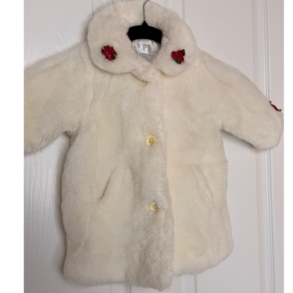 The Childrens Place Girls 12M Faux Fur Coat Off White Rose Accent Winter Jacket